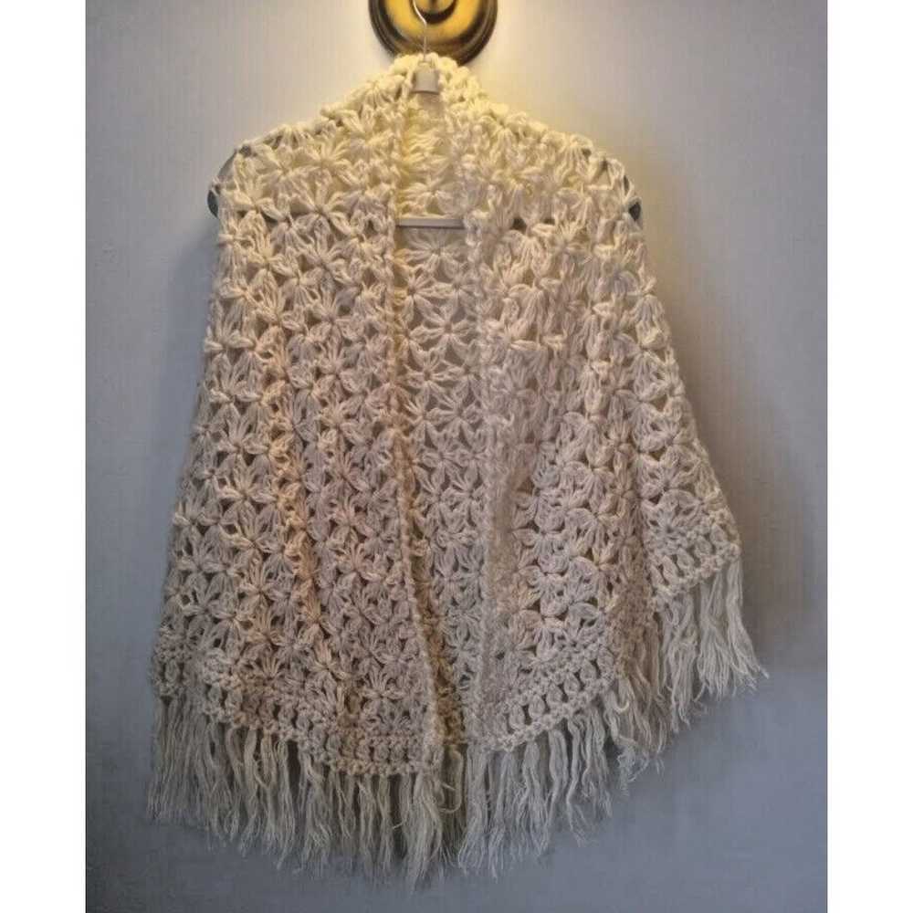 Handmade 70s Creme Crocheted Boho Bridal Shawl Kn… - image 1