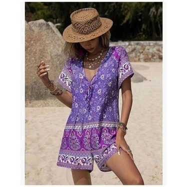 Boho Tie Front Deep V Neck Romper Jumpsuit