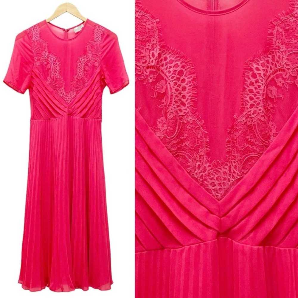 ASOS Lace And Pleat Skater Midi Dress Hot Pink Ro… - image 1