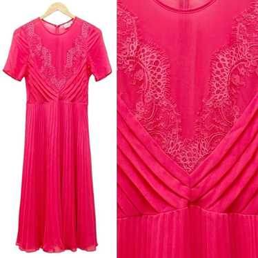 ASOS Lace And Pleat Skater Midi Dress Hot Pink Ro… - image 1