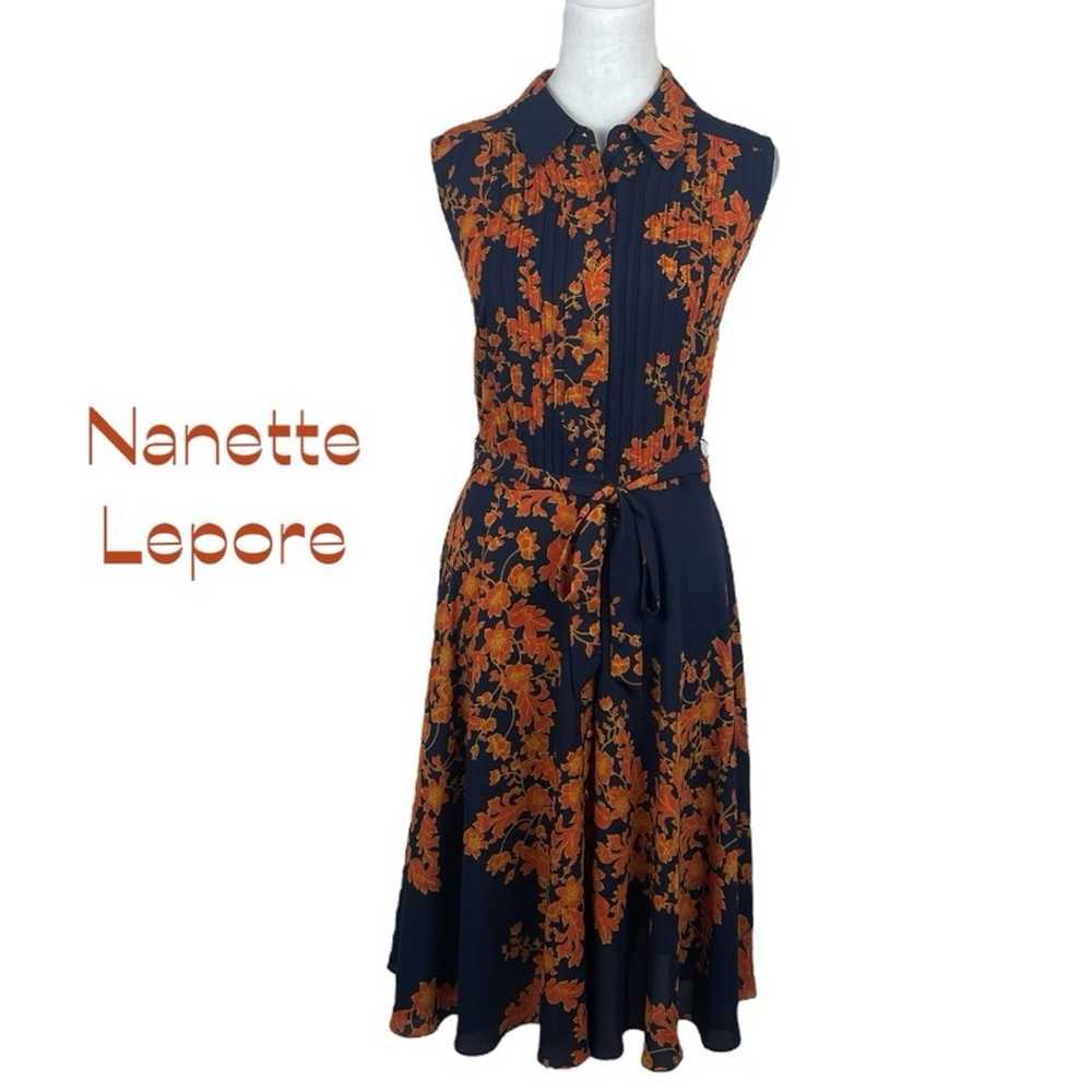 Nanette Lepore Navy Orange Feminine Floral Midi S… - image 1