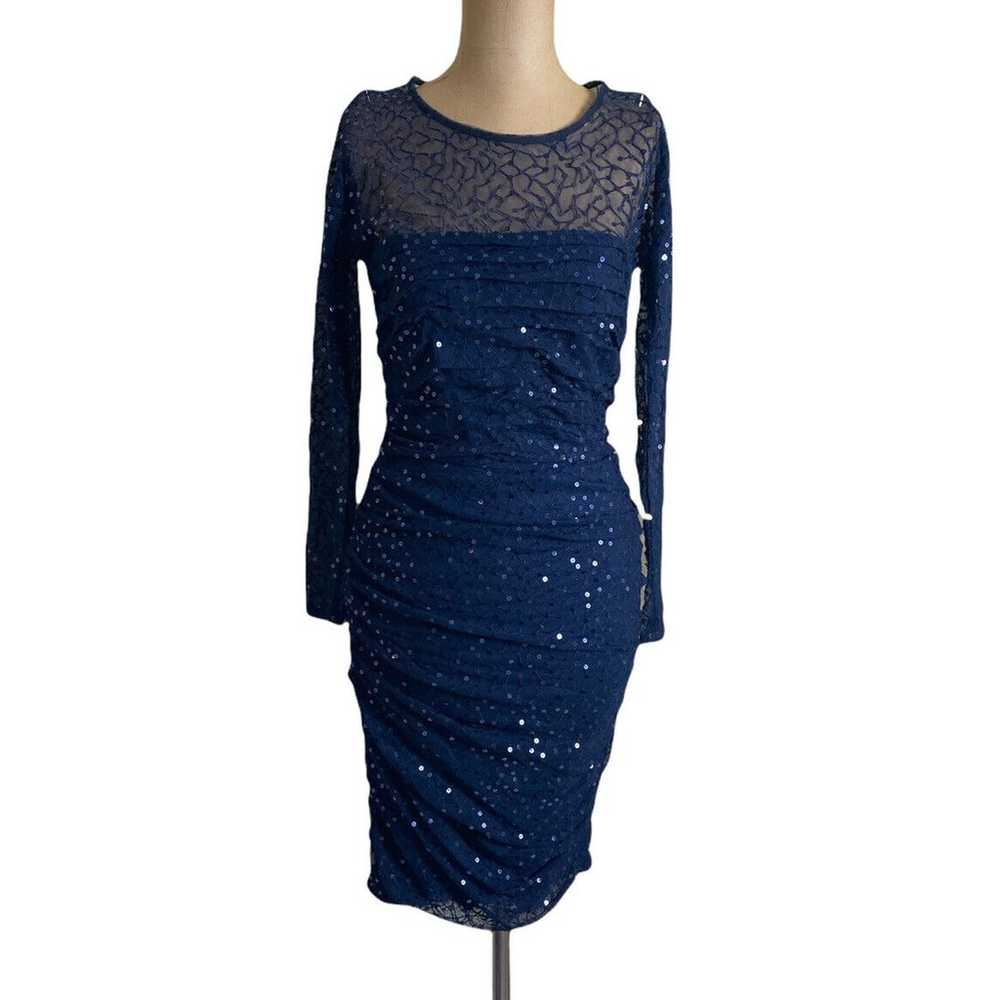 Tadashi Shoji Navy Blue Sheer Ruched Bodice Sequi… - image 3