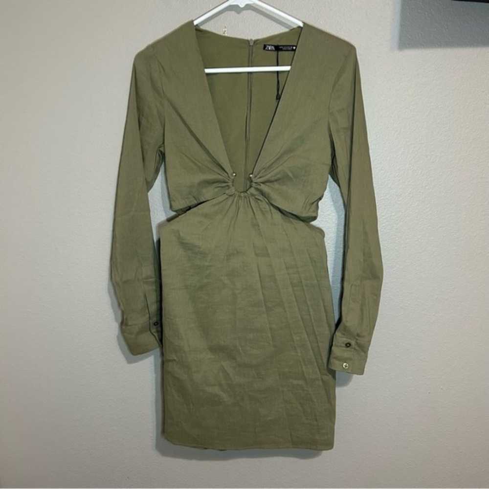 ZARA olive green linen blend cut out long sleeve … - image 3