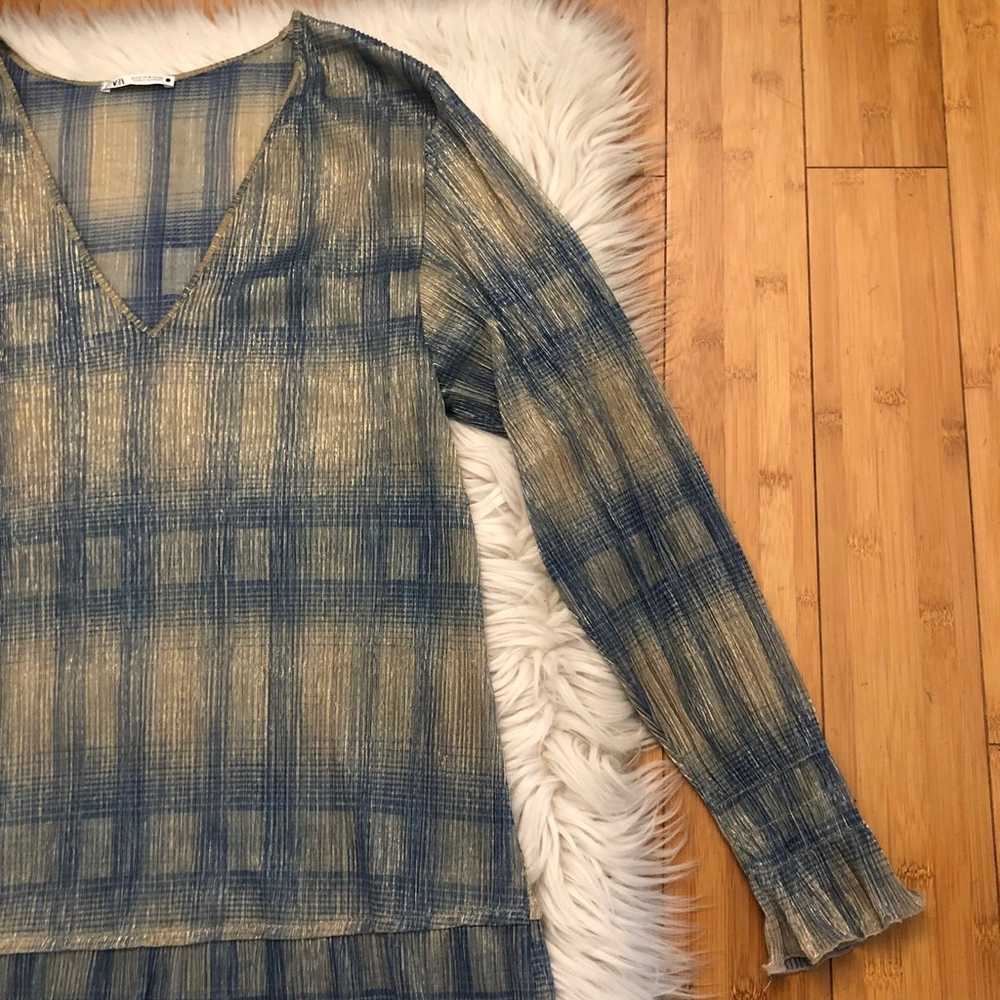 ZARA Gauze Shimmer Sheer Metallic Plaid Long Slee… - image 6