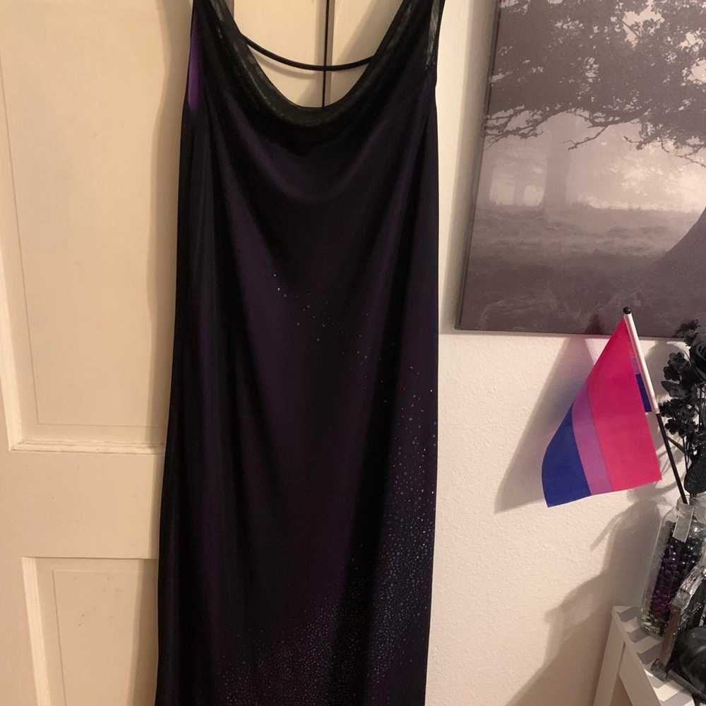 purple 90s style prom dress with sheer overlay - image 1