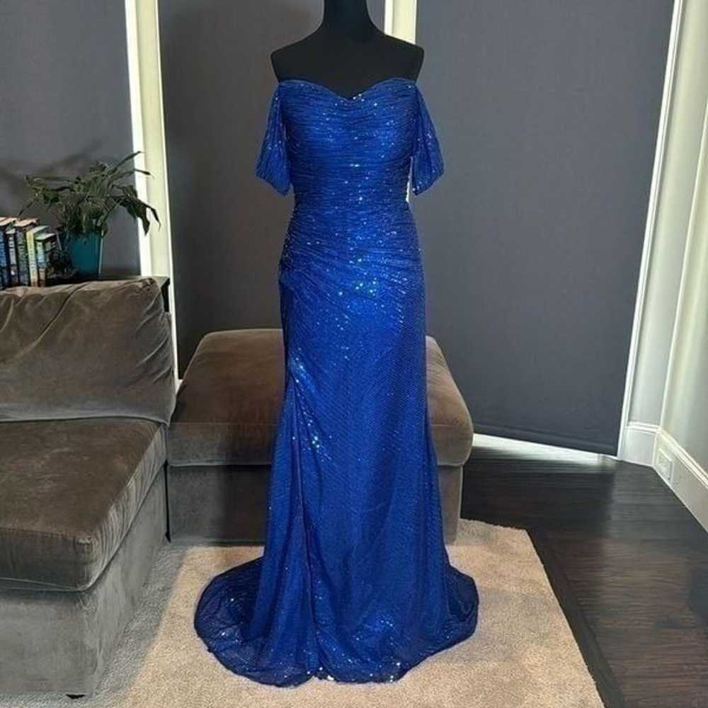 Women’s Blue Fully Sequined Off the Shoulder Prom… - image 1