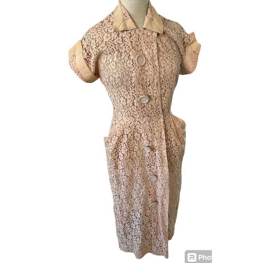 VINTAGE 40S PEACH FLORA LACE POCKETS MIDI DRESS S… - image 2