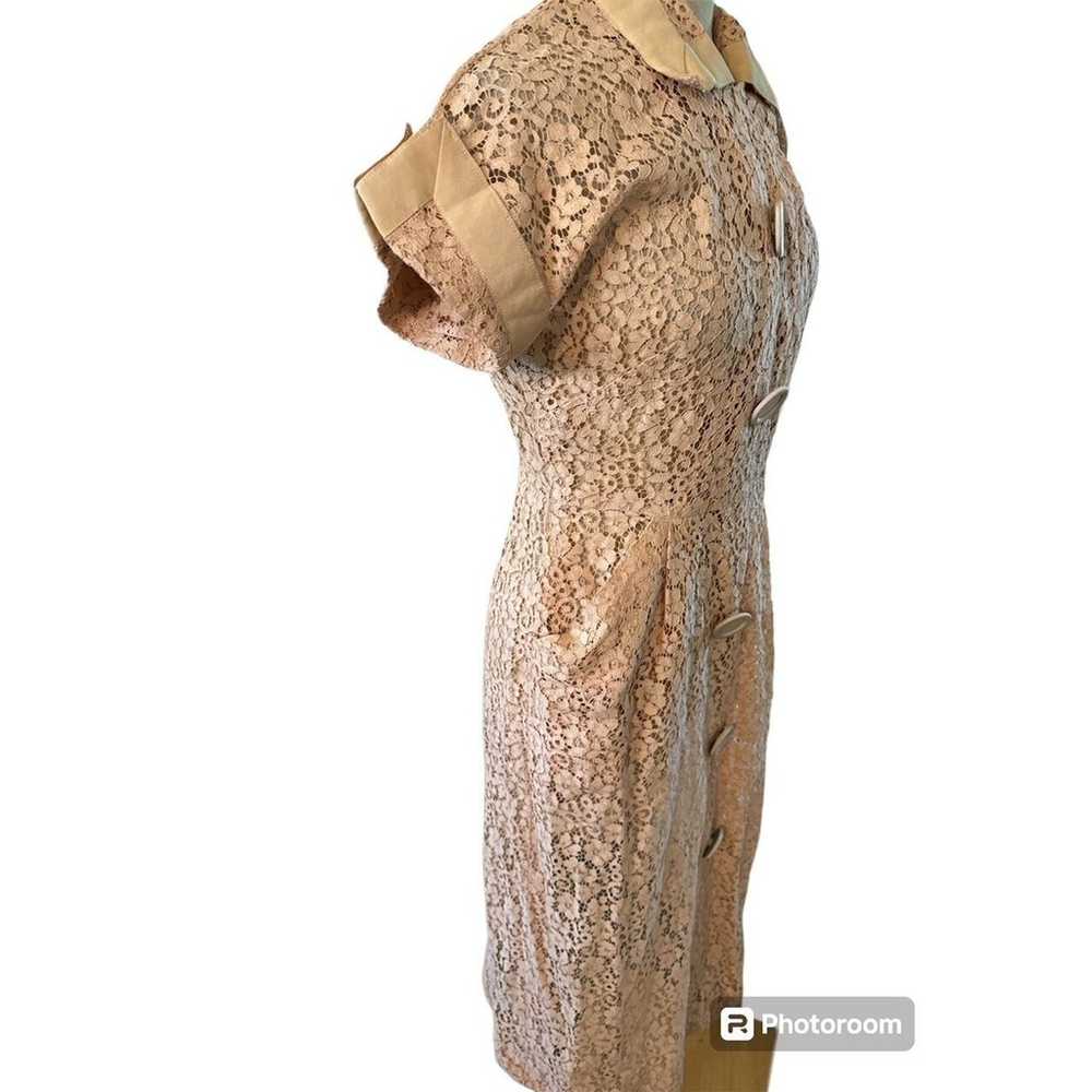 VINTAGE 40S PEACH FLORA LACE POCKETS MIDI DRESS S… - image 3