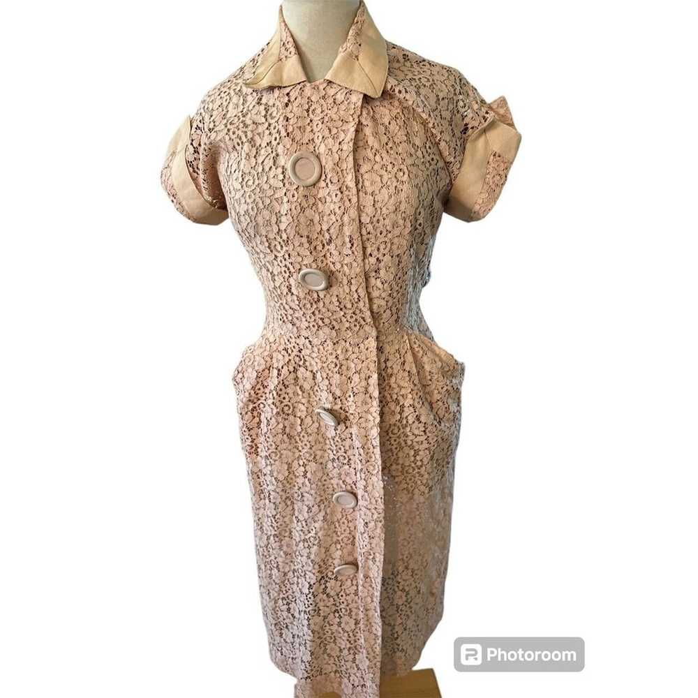 VINTAGE 40S PEACH FLORA LACE POCKETS MIDI DRESS S… - image 5