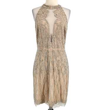 Adrianna Papell Taupe Beaded Net Illusion Cocktail