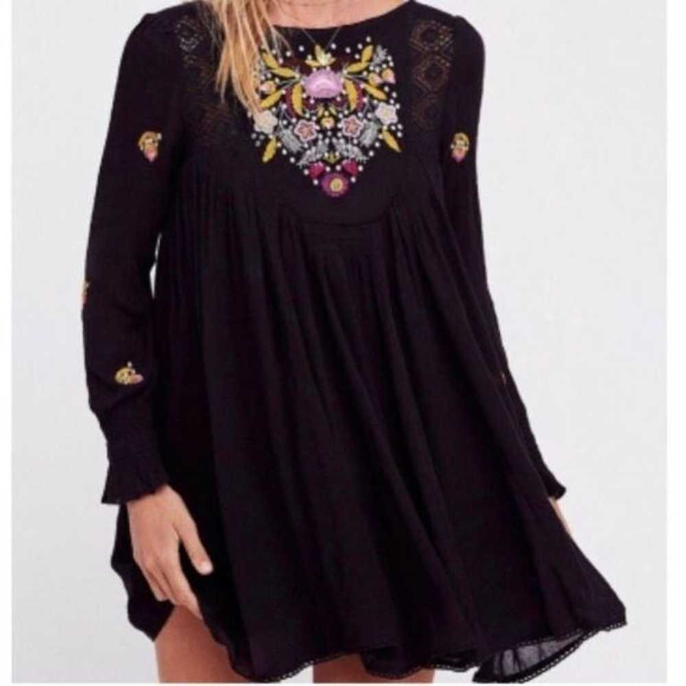 FREE People black crepe embroidered long sleeve v… - image 2