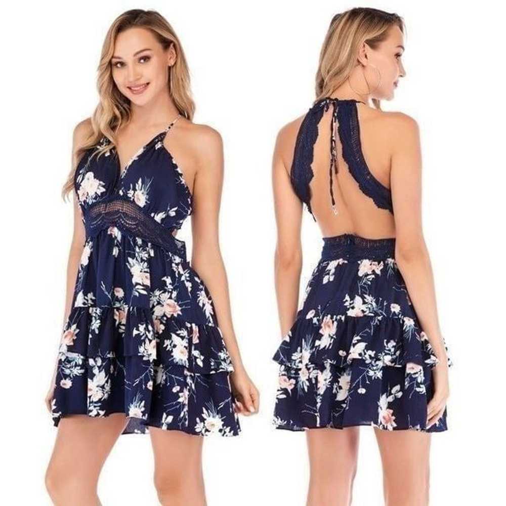 Floral Print Navy Blue Lace Sleeveless Casual Sma… - image 2