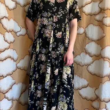 Vintage Black & Floral Short Sleeve Maxi Dress - image 1