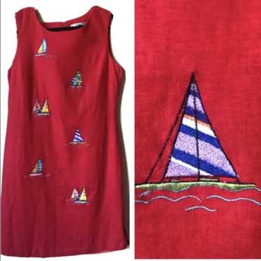 Vintage Dressbarn Shift Red Linen Blend Sailboat E