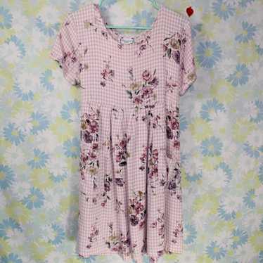 vintage light pink plaid floral short sleeve sund… - image 1