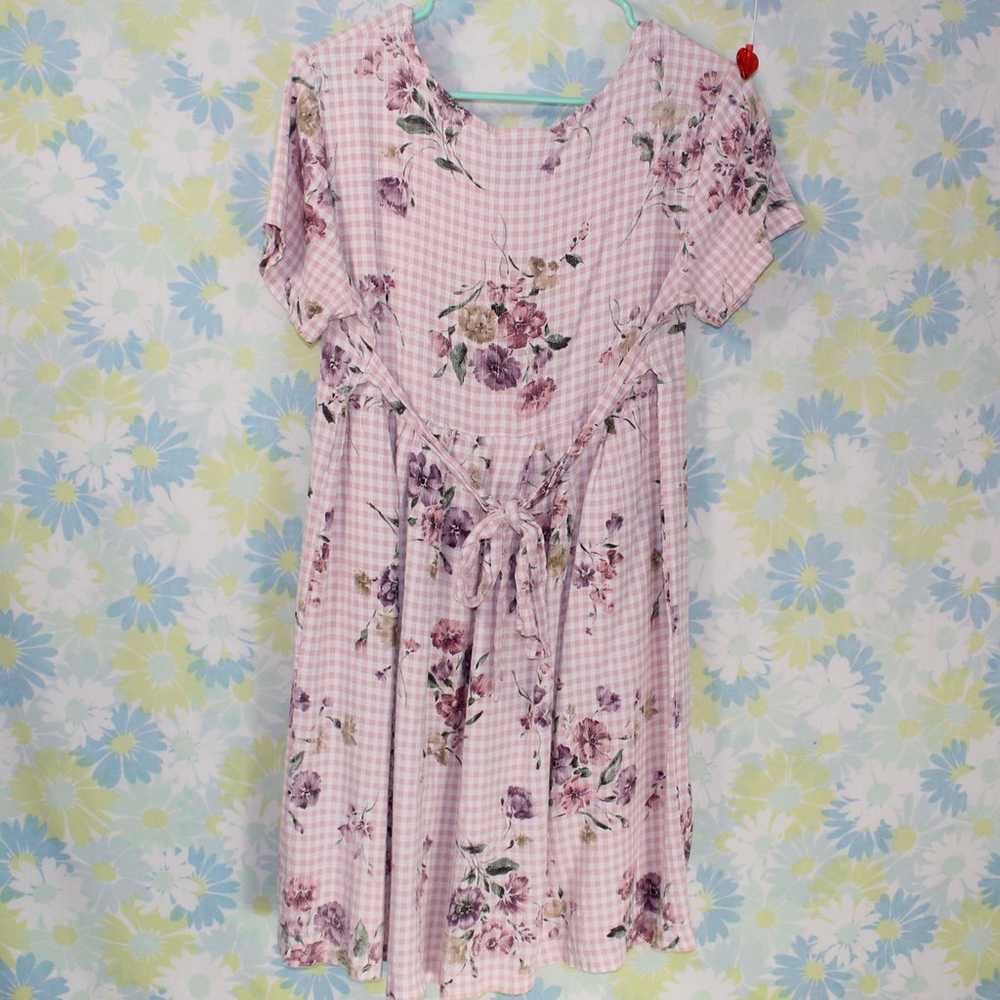 vintage light pink plaid floral short sleeve sund… - image 2