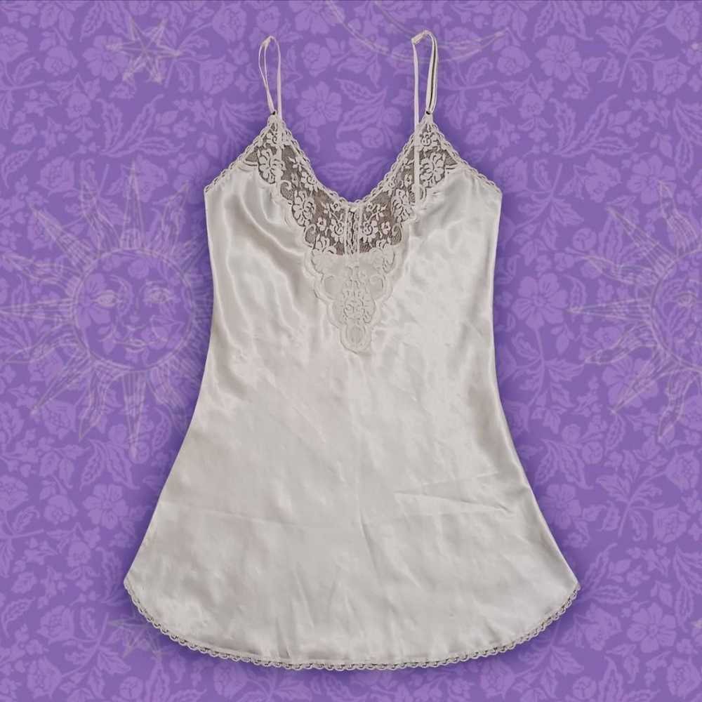 Vintage Off White Satin Mini Lace V-Neck Slip Dre… - image 1