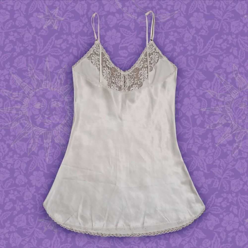 Vintage Off White Satin Mini Lace V-Neck Slip Dre… - image 2