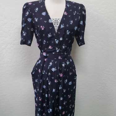 Vintage  Dress Navy Blue Floral Print Mo