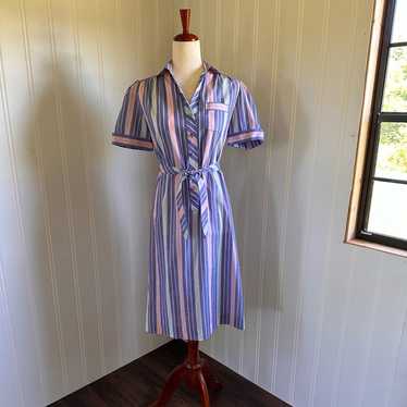 Vintage 60s/70s Blue Pink Stripes Midi Dress size… - image 1