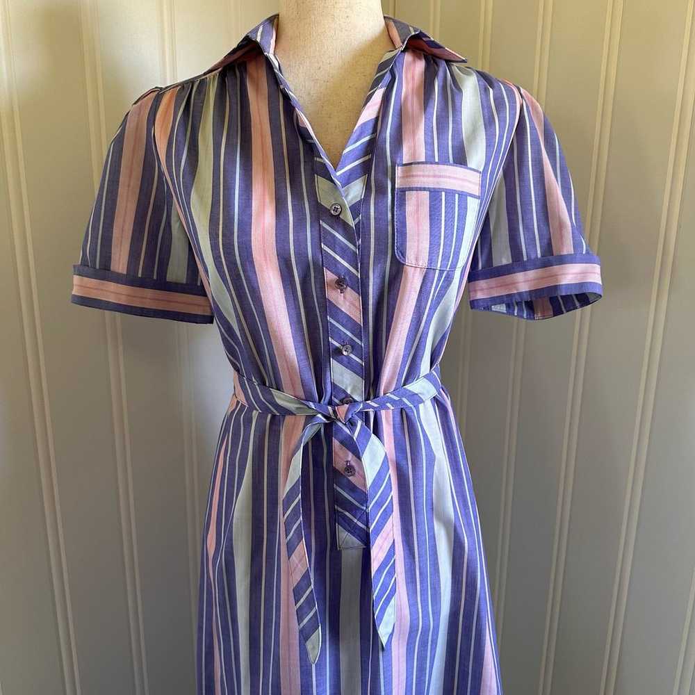 Vintage 60s/70s Blue Pink Stripes Midi Dress size… - image 2