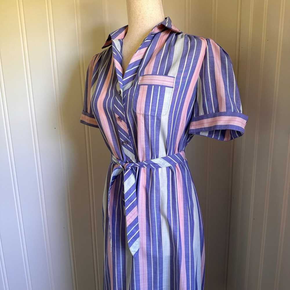 Vintage 60s/70s Blue Pink Stripes Midi Dress size… - image 3