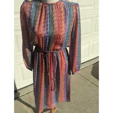 80's Rainbow Sheer Striped Summer Dress w Belt Vin