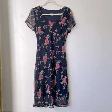 Vintage 90s Believe... Navy Floral Midi Dress 10 - image 1