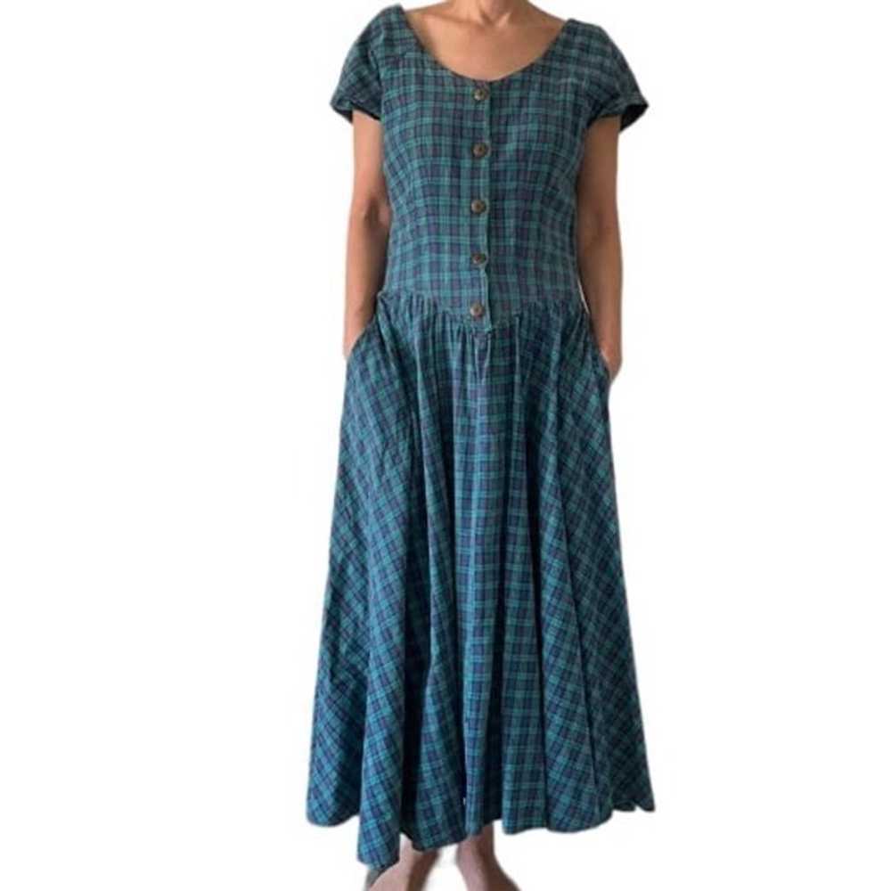 VINTAGE Green Blue Plaid Dress Cotton Short Sleev… - image 1