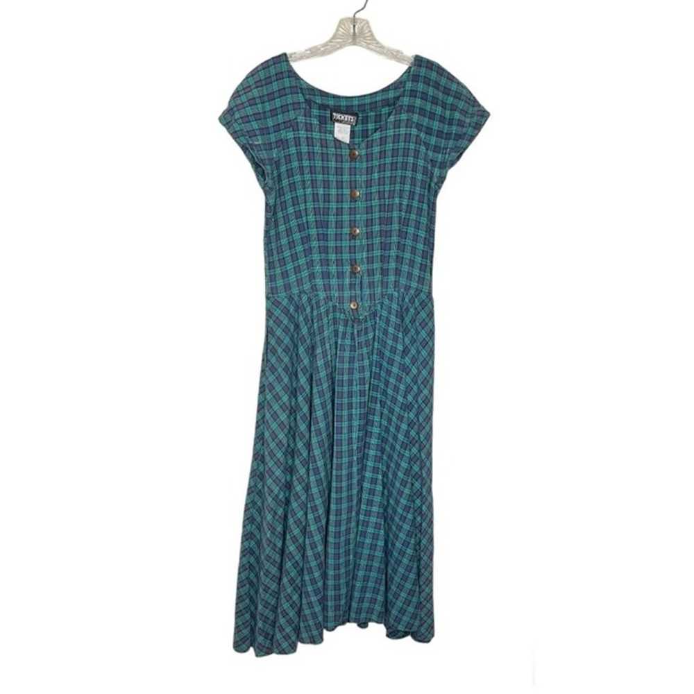 VINTAGE Green Blue Plaid Dress Cotton Short Sleev… - image 3