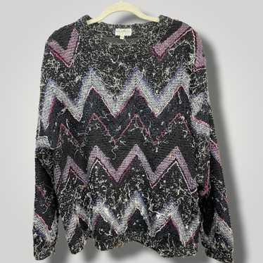 Vintage 80s Textured Zig Zag Black Pink Chenille … - image 1