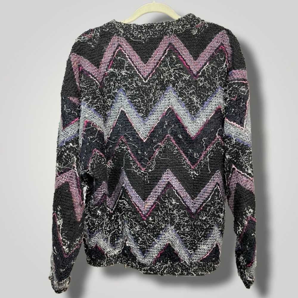 Vintage 80s Textured Zig Zag Black Pink Chenille … - image 2