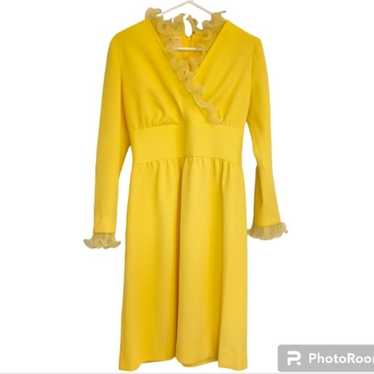 Vintage 60s 70s Yellow Rib Knit Dress With Tulle L