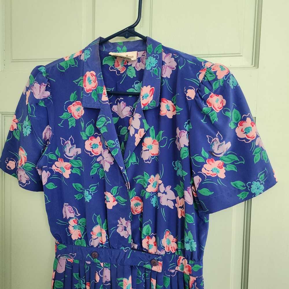 Vintage blue floral dress pleated skirt womens 10 - image 1