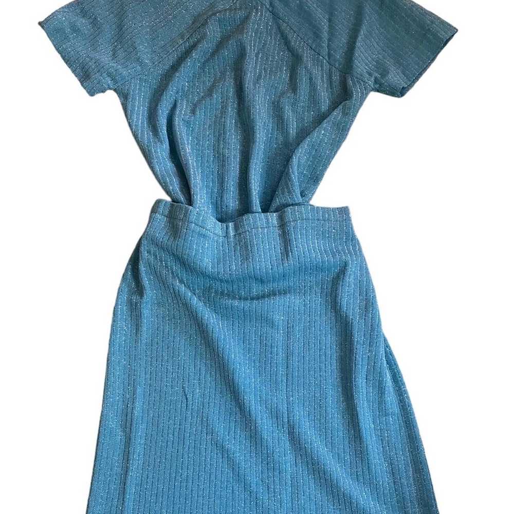 Vintage Blue Metallic Knit Set top & skirt 70s do… - image 7