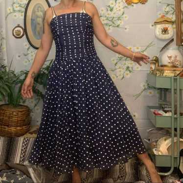 Vintage 70s fit and flare ruched polka dot dress