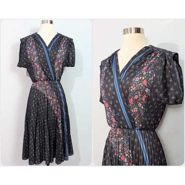 70s Black Floral Accordion Pleated Faux Wrap Dress - image 1