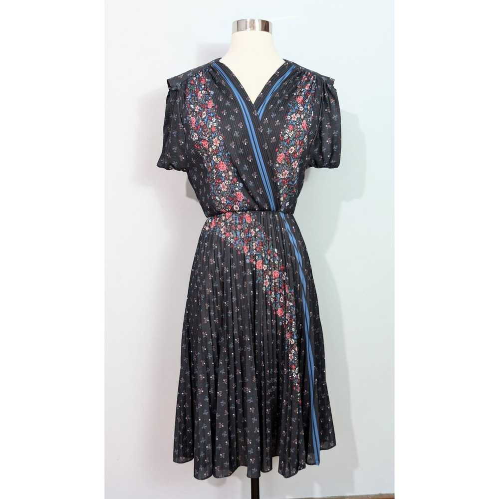 70s Black Floral Accordion Pleated Faux Wrap Dress - image 2