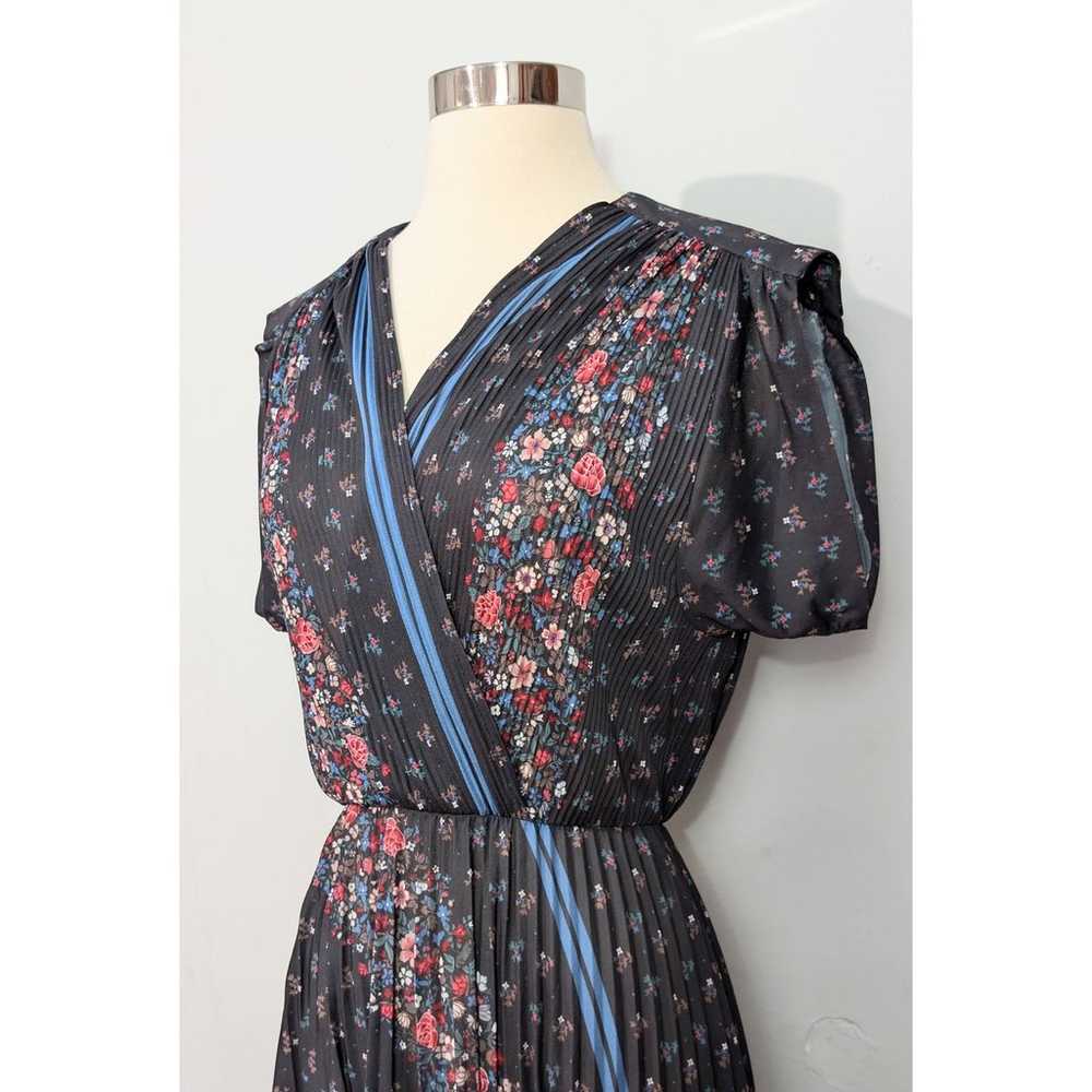 70s Black Floral Accordion Pleated Faux Wrap Dress - image 5