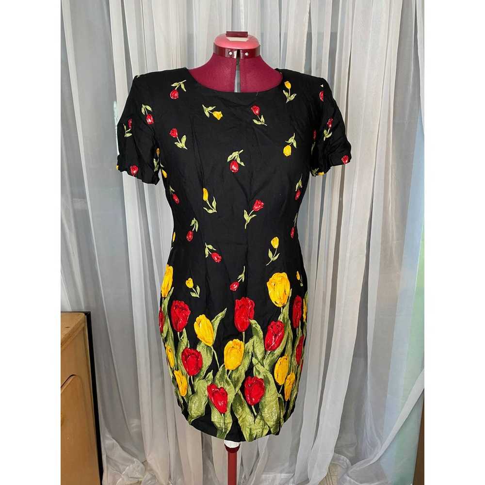 Dress 1980s tulips red yellow - image 1