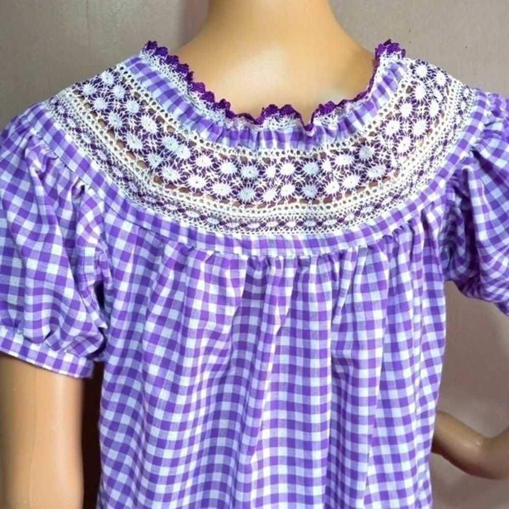 Handcrafted vintage purple white gingham with emb… - image 3