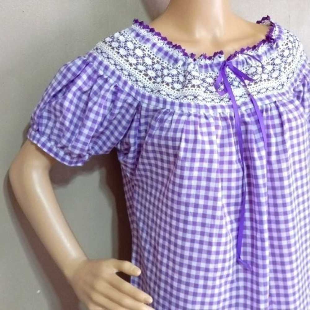 Handcrafted vintage purple white gingham with emb… - image 4