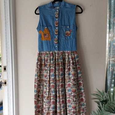 VINTAGE 80'S 90'S RETRO PATRIOTIC CAT MIDI DRESS