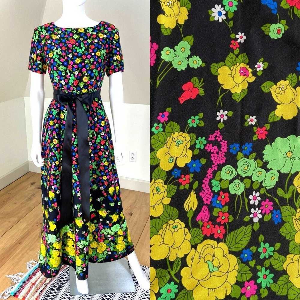 Vintage 60s 70s Neon Black Flower Power Floral Ma… - image 1