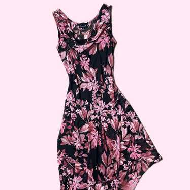 Black & Pink Floral Cowl Neck Asymmetrical Dress