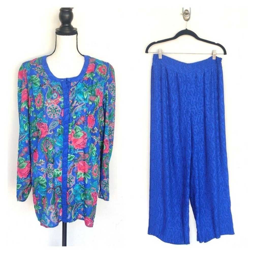 Diane Freis Vintage Blue Floral Top and Pants Set… - image 1