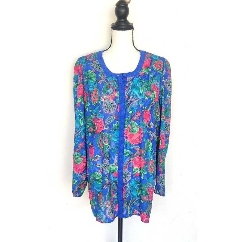 Diane Freis Vintage Blue Floral Top and Pants Set… - image 2