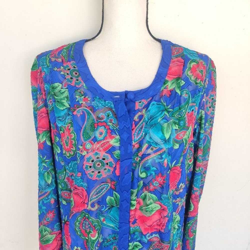 Diane Freis Vintage Blue Floral Top and Pants Set… - image 3