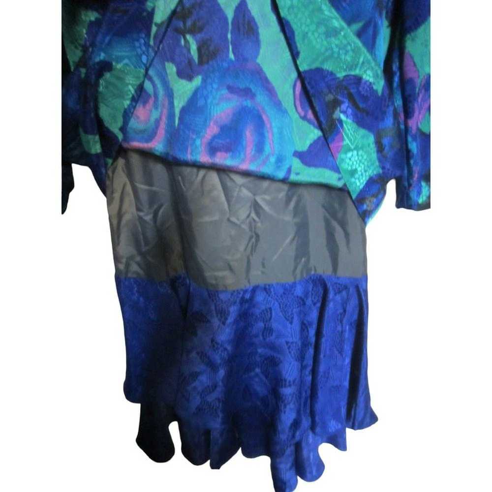 Vintage 80s Plaza South Blue Green Floral Ruffle … - image 5