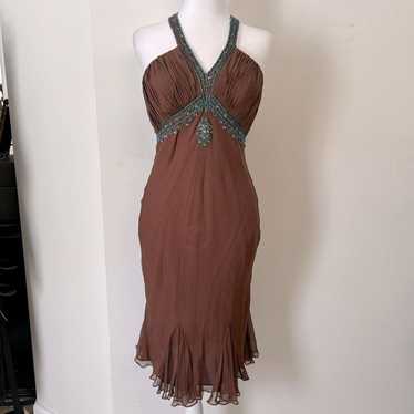 Y2K Metro Section brown silk bias dress with turqu